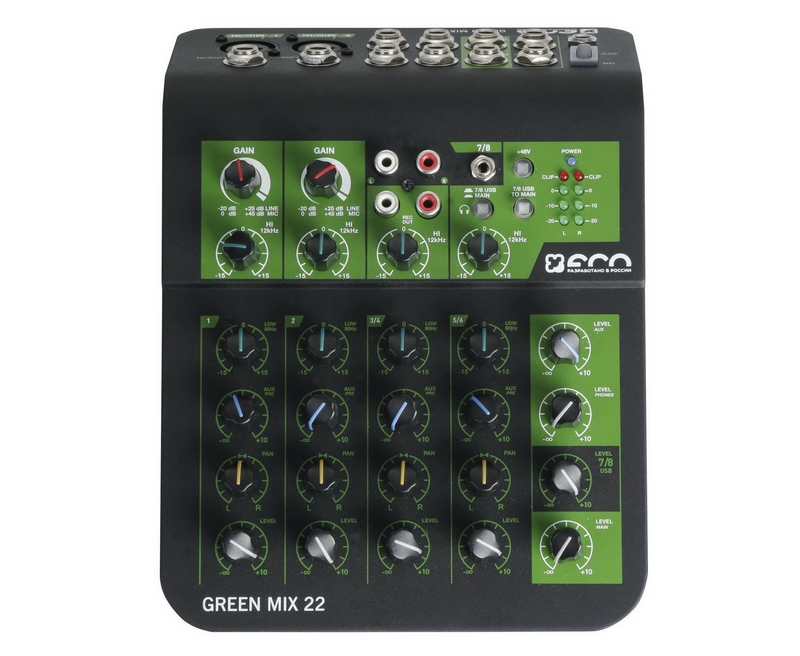 ECO GREEN MIX 22 Микшерный пульт, 2 MIC/LINE входа + 3 STEREO, USB/аудио интерфейс