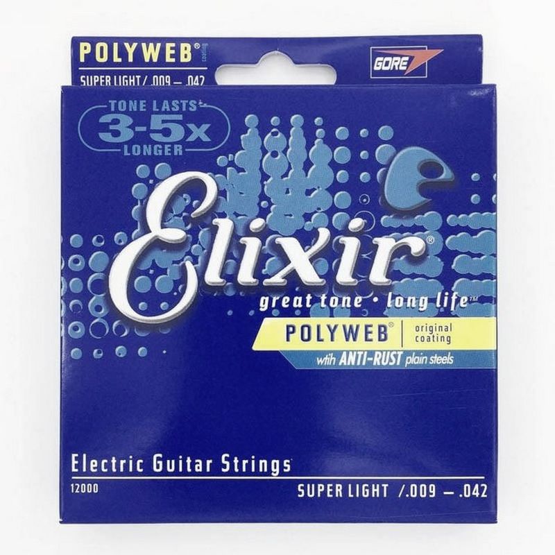 Elixir 12000 PolyWeb Набор струн для 6-струнн электрогитары, Super Light, размер 9-42