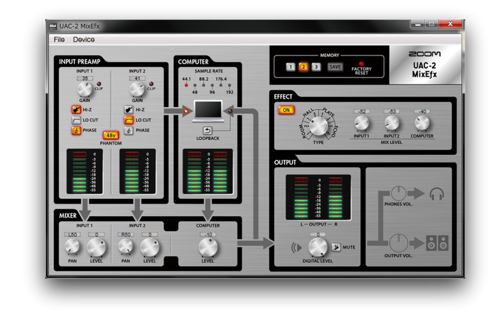 UAC-2 MixEfx – бесплатное приложение совместимое с Macintosh и Windows, специально разработанное Zoom для UAC-2