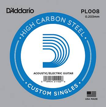 D'Addario PL008 Plain Steel отдельная струна без обмотки, сталь 008