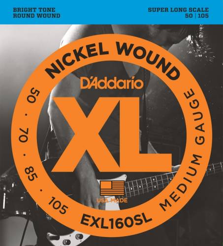 D'Addario EXL160SL Набор 4 струны для бас, электрик, никель, SuperLongScale, Reg 050.070.085.105