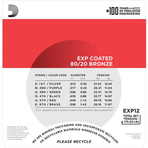 Набор струн для 6-струнной акустической гитары D`ADDARIO EXP12