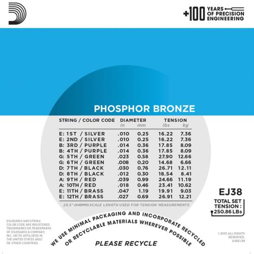 Набор струн для 12-струнной акустической гитары D`ADDARIO EJ38