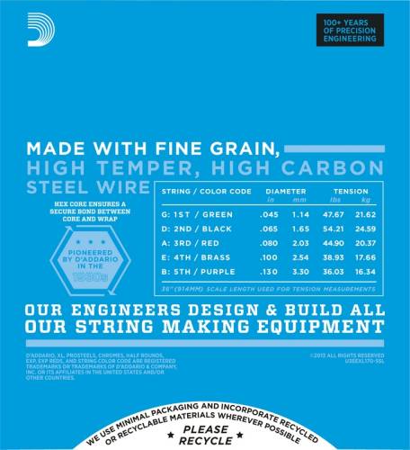 D'Addario EXL170-5SL Набор 5 струн для баса, электрик, никель, SuperLongScale, Soft 045.065.080.100.