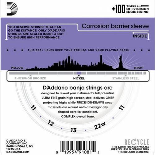 D'Addario EJ57 Набор струн для банжо, никель, размер 11-12-13-22w-11