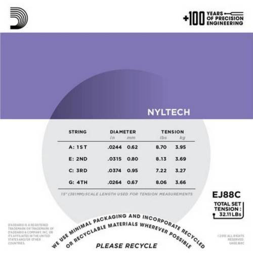 D'Addario EJ88C Набор струн для укулеле концерт, размер 24-31-37-26