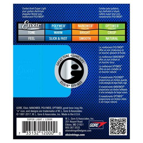 Elixir 12000 PolyWeb Набор струн для 6-струнн электрогитары, Super Light, размер 9-42