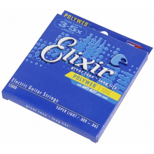 Elixir 12000 PolyWeb Набор струн для 6-струнн электрогитары, Super Light, размер 9-42