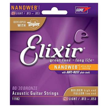 Elixir 11182 NanoWeb Комплект струн для 6-струнной акустической гитары, размер 13-53
